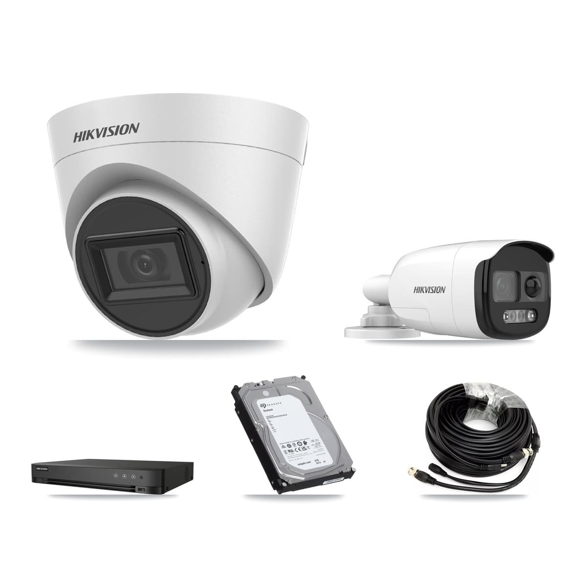 Hikvision 4-Channel 5MP CCTV Kit — 1 Bullet + 2 White Turret Cameras + 6TB Recording (IDS-7204HQHI Recorder)