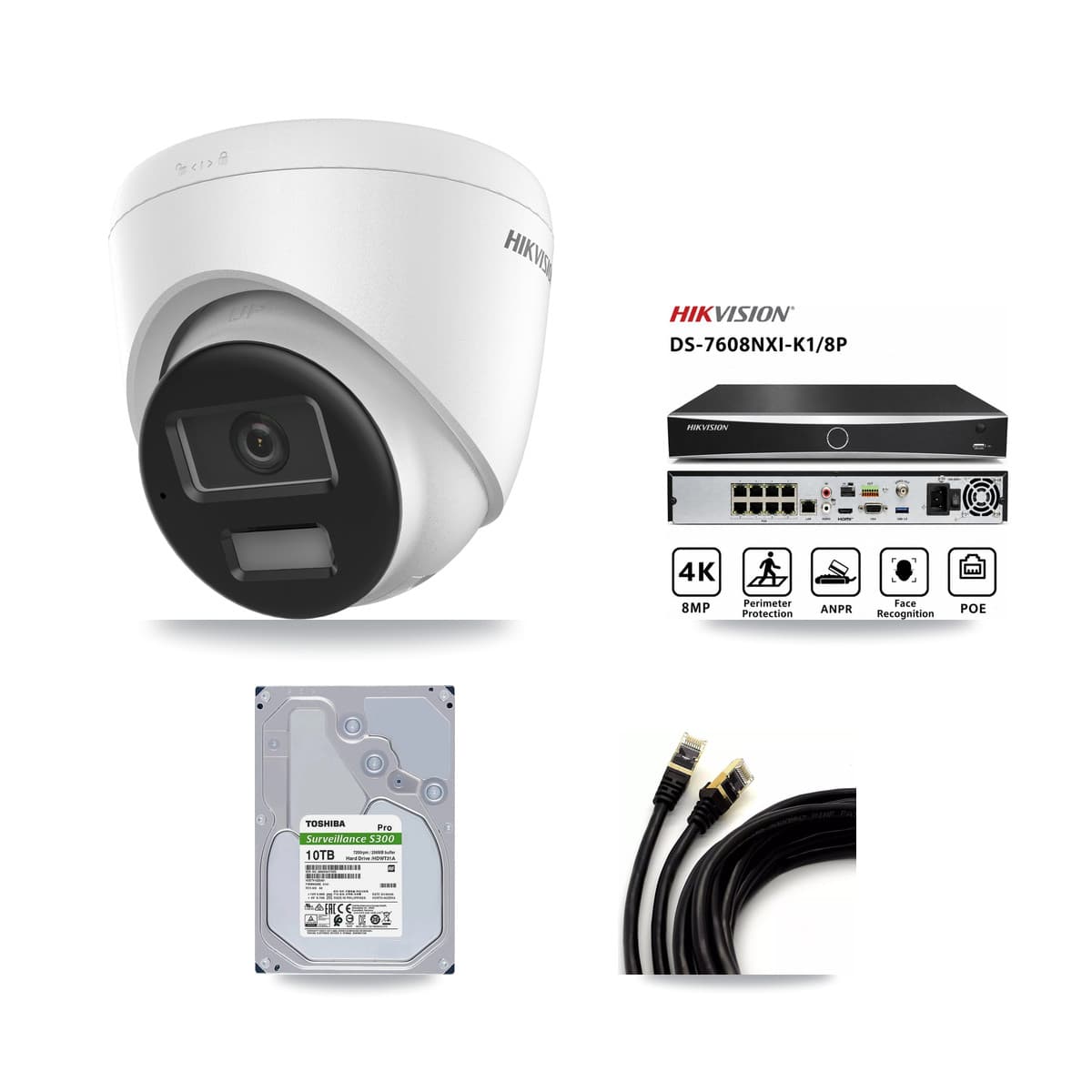 Hikvision 8-Channel 4K CCTV Kit — 6 DS-2CD1383G2-LIU Turret Cameras + 10TB Recording (DS-7608NXI-K1/8P Recorder)