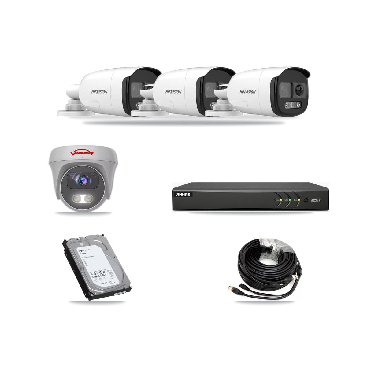 4-Channel 5MP CCTV Kit — 3 DS-2CE12KF3T Bullet + 1 White VIPER-5MP-3K Cameras + 6TB Recording (AN-DV4-8MP Recorder) - Image 1