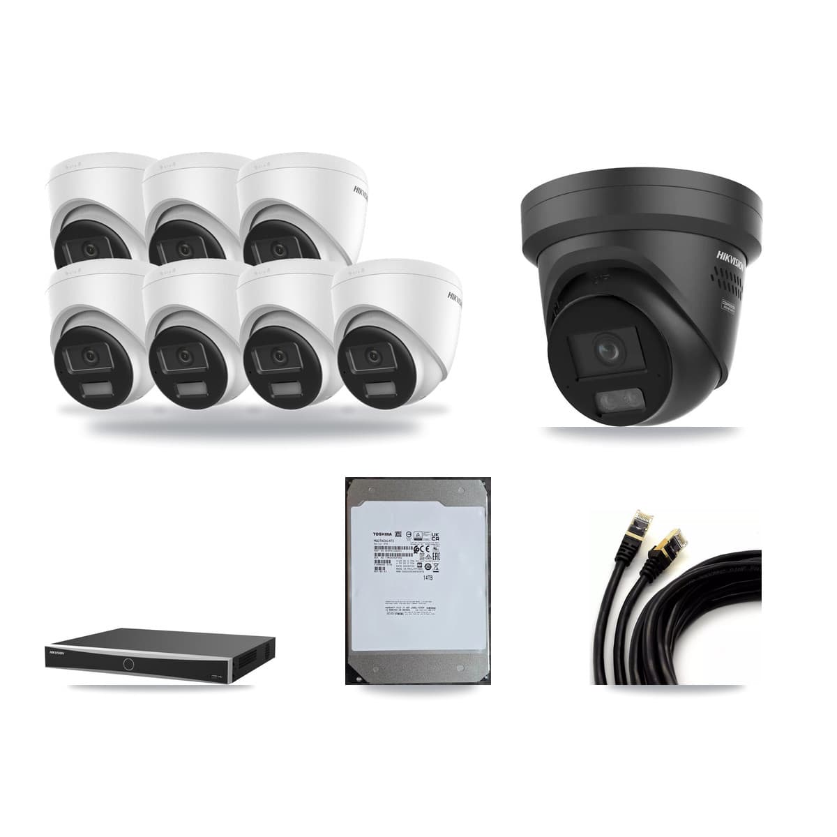Hikvision 16-Channel 4K CCTV Kit — 7 DS-2CD1383G2 + 1 Black DS-2CD2387G3 Turret Cameras + 14TB Recording (DS-7616NXI Recorder) - Image 1