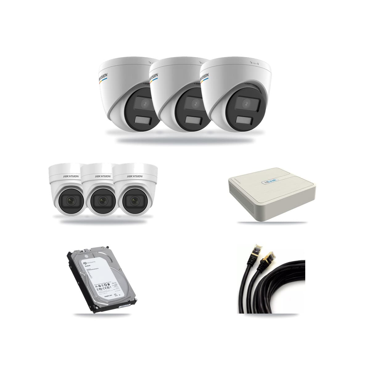 Hikvision & HiLook 8-Channel 2MP – 4MP CCTV Kit — 3 DS-2CD1327G2 2MP + 3 DS-2CD2H45FWD 4MP Turret Cameras + 6TB Recording - Image 1