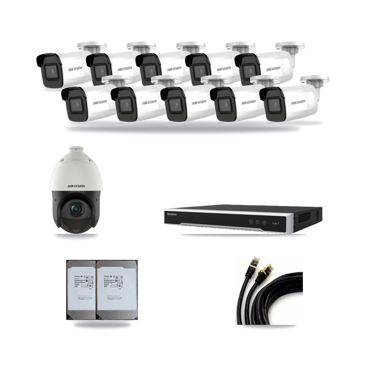 Hikvision 16-Channel 4MP – 4K CCTV Kit — 10 4K Bullet + 1 4MP PTZ Cameras + 2× 14TB Recording (DS-7616NI-M2 Recorder) - Image 1
