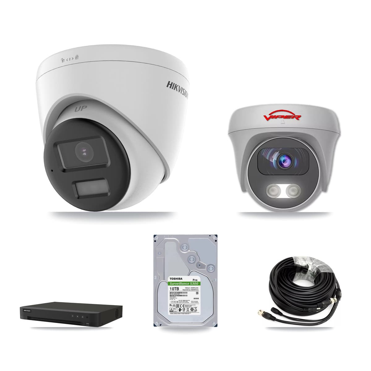 Hikvision & Viper 8-Channel 5MP – 4K CCTV Kit — 3 DS-2CE78U0T-LPTS 4K Turret + 1 White VIPER-5MP-3K-AOC-WHITE-2.8MM 5MP Cameras + 10TB Recording (IDS-7208HUHI-M1/XT Recorder)