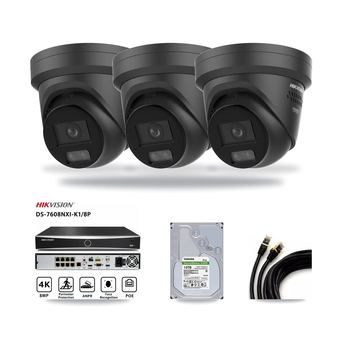 Hikvision 8-Channel 4K CCTV Kit — 3 Black Turret Cameras + 10TB Recording - Image 1