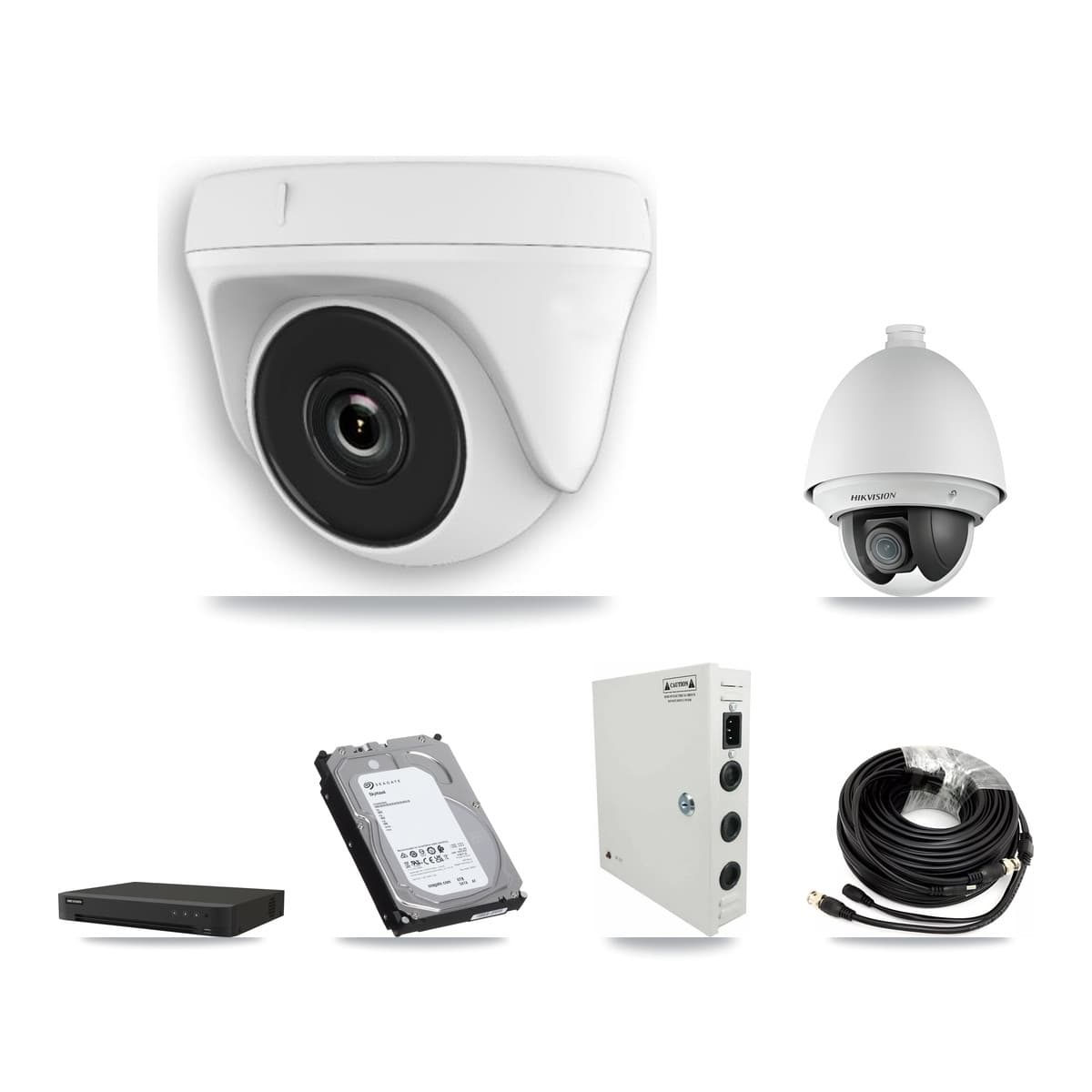 Hikvision 8-Channel 2MP CCTV Kit — 1 DS-2AE4225T-A PTZ + 7 White HDT-2MP-N20W-2.8MM Dome Cameras + 6TB Recording (IDS-7208HUHI-M1/XT Recorder)