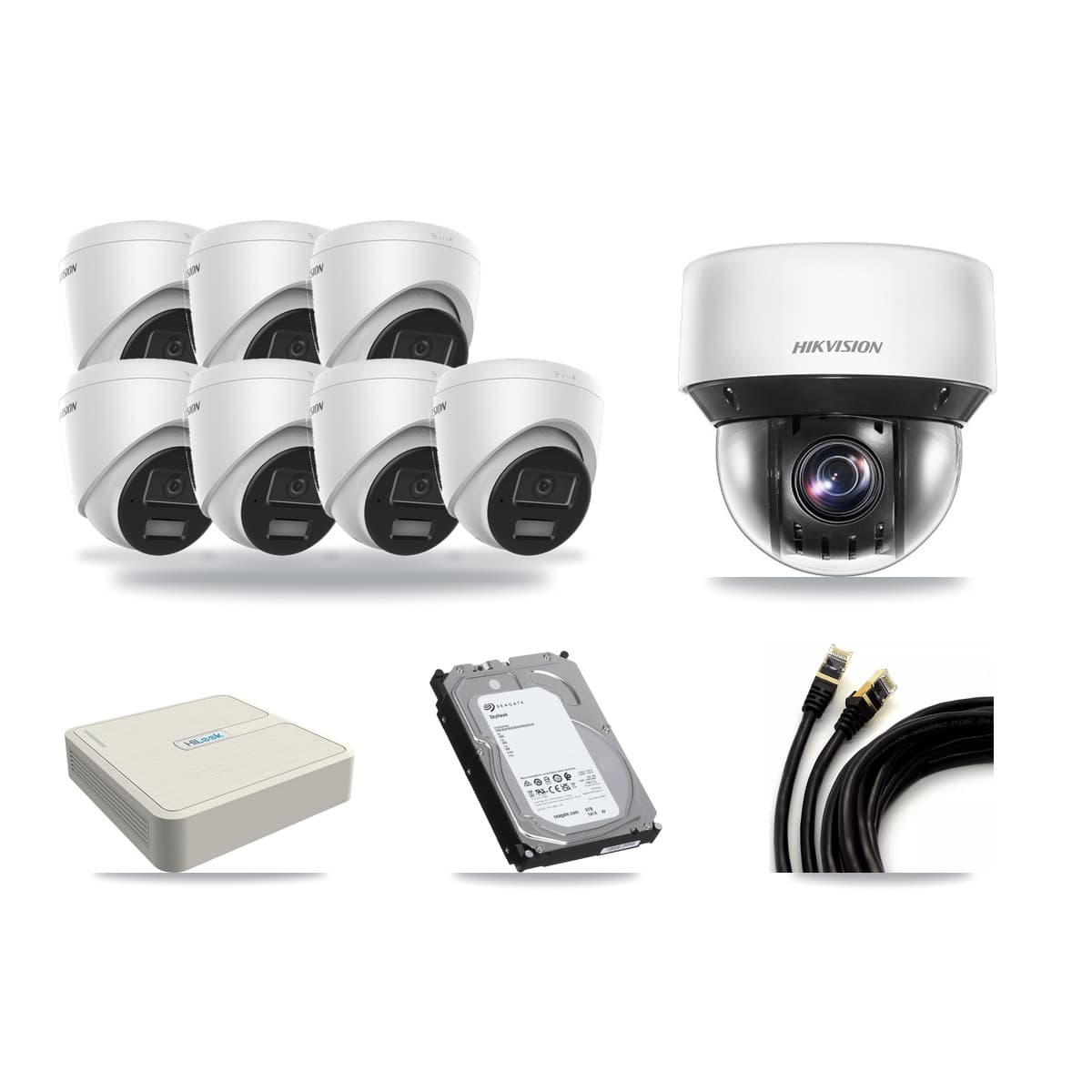Hikvision & HiLook 8-Channel 4MP CCTV Kit — 7 DS-2CD1343G2 Turret + 1 DS-2DE4A425IW PTZ Cameras + 6TB Recording - Image 1