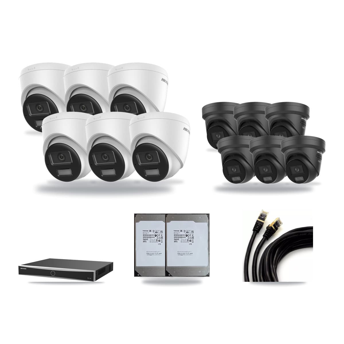 Hikvision 16-Channel 4K CCTV Kit — 6 DS-2CD1383G2 + 6 Black DS-2CD2387G3 Turret Cameras + 2× 14TB Recording (DS-7616NXI Recorder) - Image 1