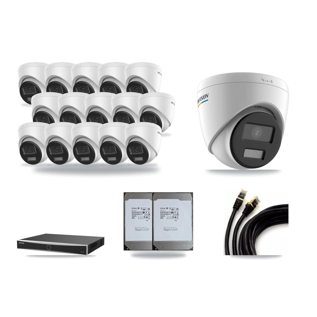 Hikvision 16-Channel 2MP – 4K CCTV Kit — 1 2MP + 15 4K Turret Cameras + 2× 14TB Recording (DS-7616NXI Recorder) - Image 1