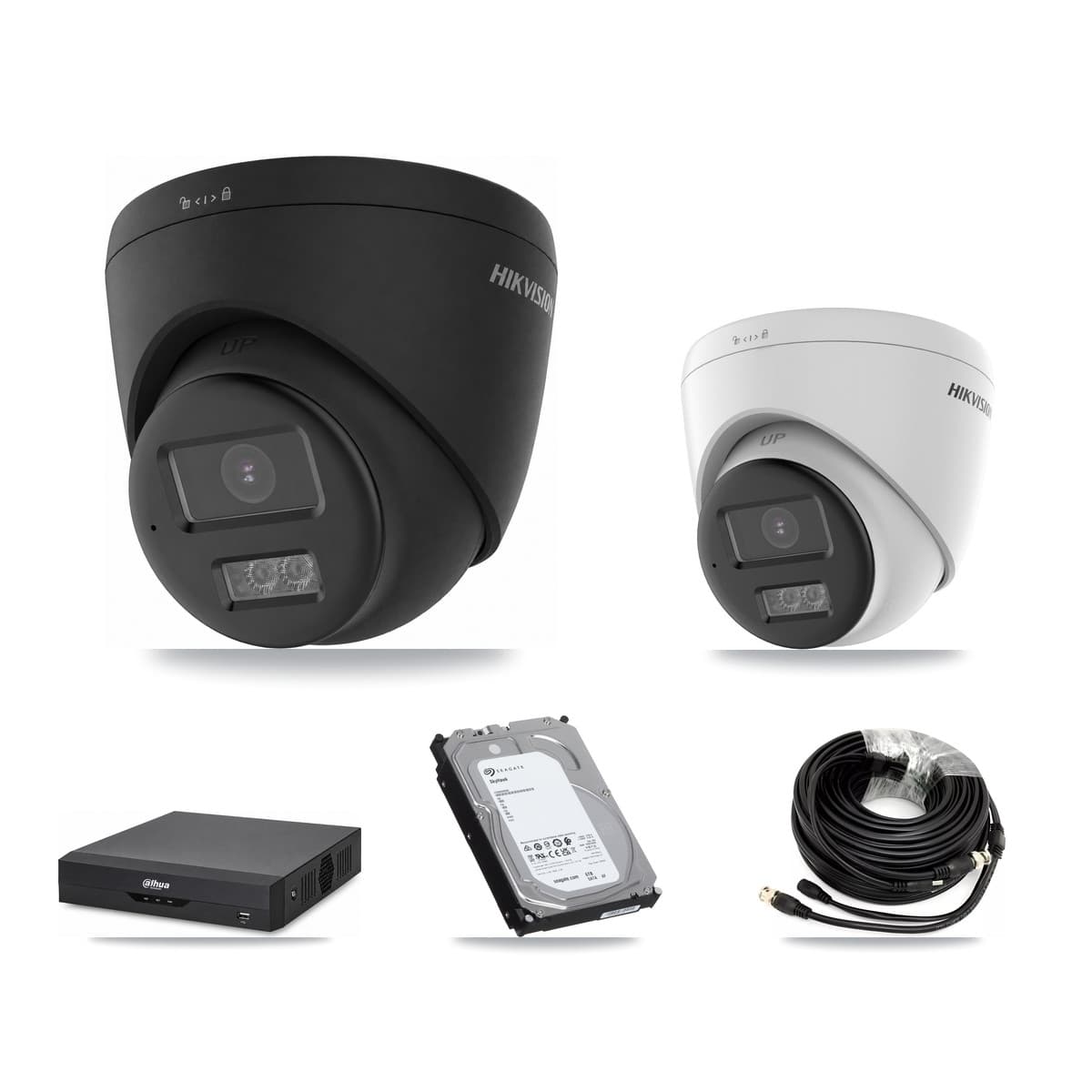 Hikvision & Dahua 4-Channel 5MP – 4K CCTV Kit — 1 DS-2CE78K0T-LTS 5MP + 3 Black DS-2CE78U0T-LTS-BLACK 4K Turret Cameras + 6TB Recording (DH-XVR5104HS-4KL-I2 Recorder)