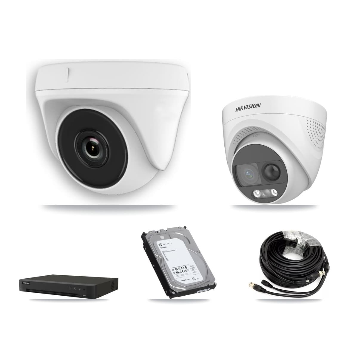 Hikvision 8-Channel 2MP – 5MP CCTV Kit — 2 DS-2CE72KF3T-PIRXO 5MP Turret + 5 White HDT-2MP-N20W-2.8MM 2MP Dome Cameras + 6TB Recording (IDS-7208HUHI-M1/XT Recorder)