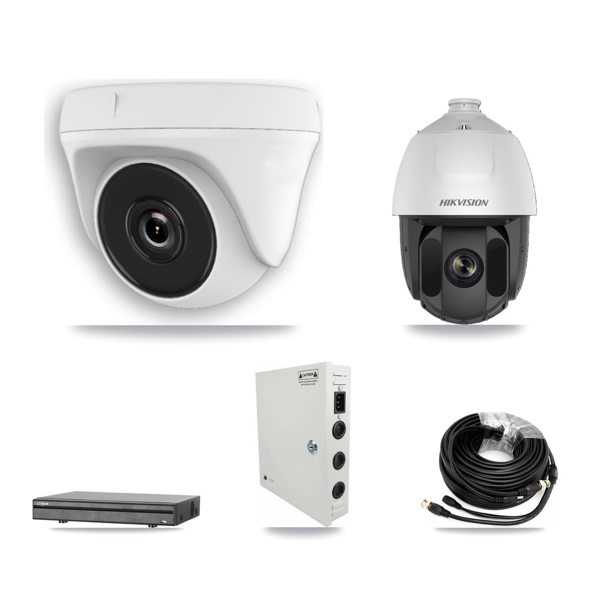 Hikvision & Dahua 8-Channel 2MP CCTV Kit — 1 PTZ + 3 White Dome Cameras + 3TB Recording (DH-XVR5108H Recorder)
