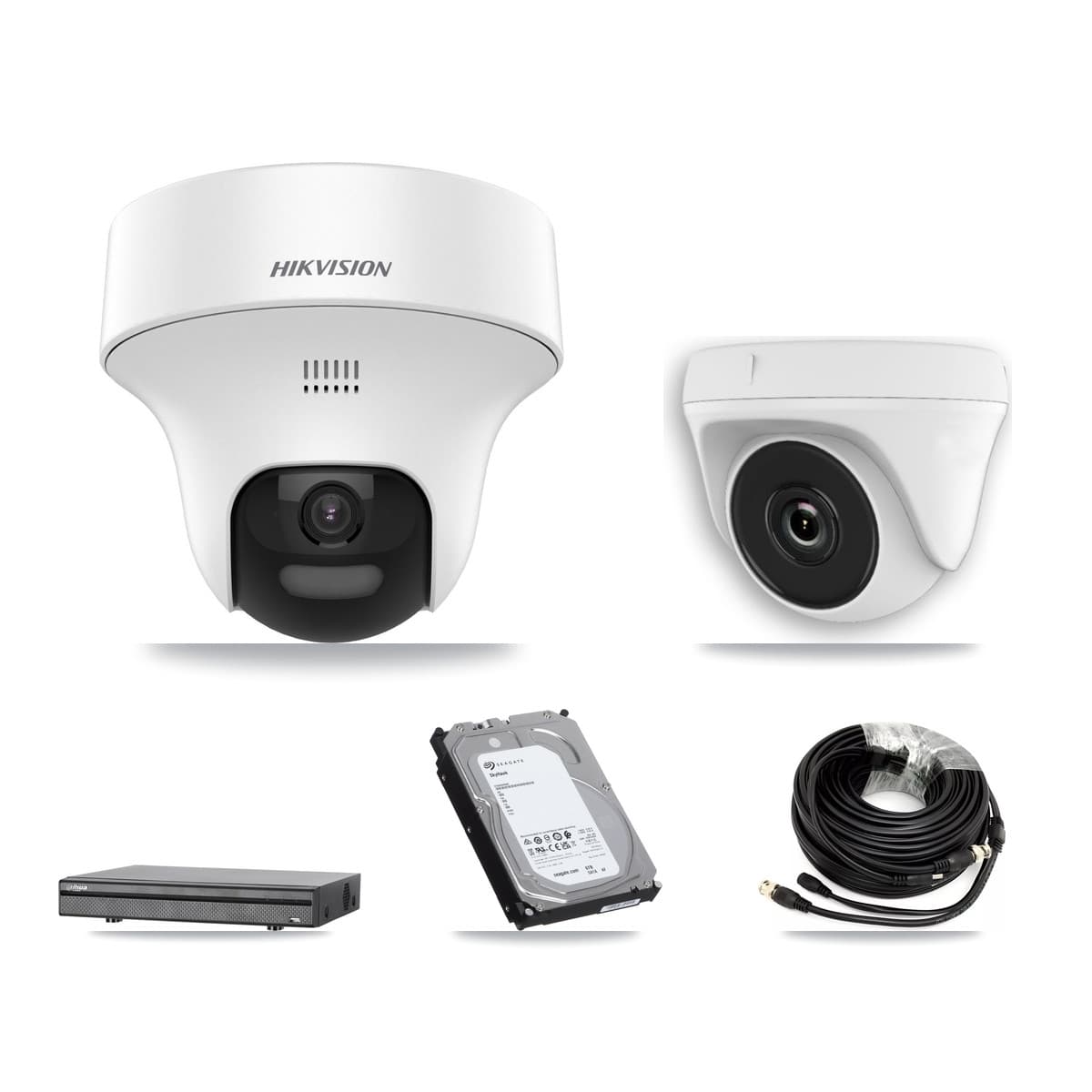 Hikvision & Dahua 8-Channel 2MP – 5MP CCTV Kit — 3 DS-2CE70K0T 5MP Turret + 3 White HDT-2MP-N20W 2MP Dome Cameras + 6TB Recording (DH-XVR5108H Recorder)