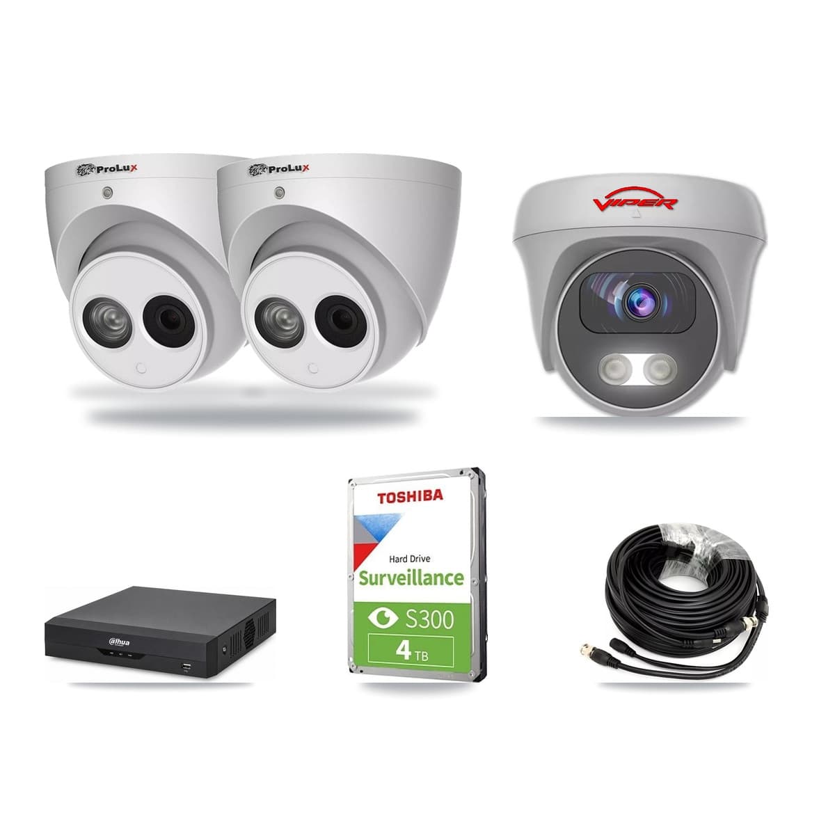 4-Channel 4MP – 5MP CCTV Kit — 2 4MP Turret + 1 White 5MP Cameras + 4TB Recording (DH-XVR5104HS Recorder) - Image 1