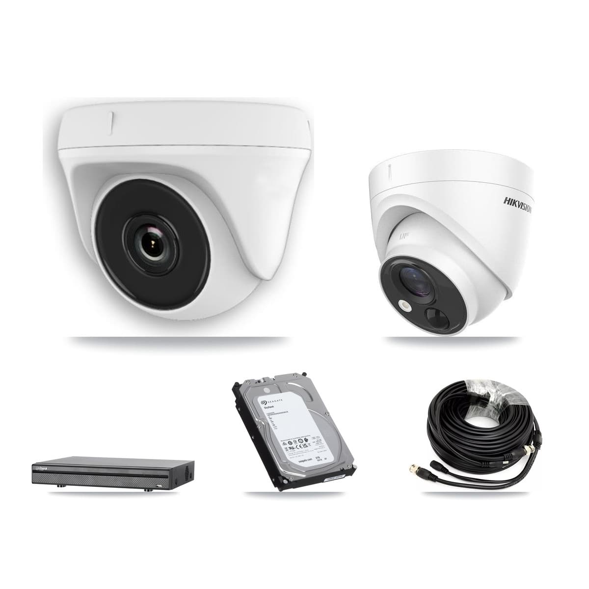 Hikvision & Dahua 8-Channel 2MP – 5MP CCTV Kit — 2 DS-2CE71H0T 5MP Turret + 5 White HDT-2MP-N20W 2MP Dome Cameras + 6TB Recording (DH-XVR5108H Recorder) - Image 1