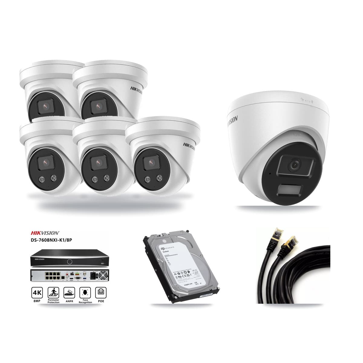 Hikvision 8-Channel 4MP – 5MP CCTV Kit — 1 4MP + 5 5MP Turret Cameras + 6TB Recording (DS-7608NXI Recorder) - Image 1
