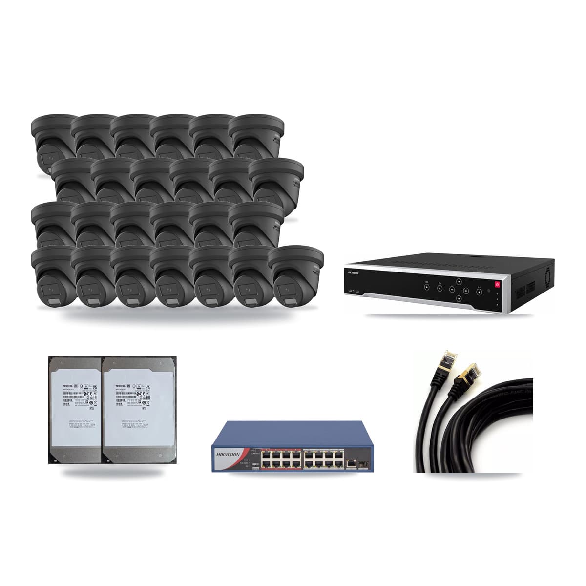 Hikvision 32-Channel 4MP CCTV Kit — 25 Black Turret Cameras + 2× 14TB Recording - Image 1