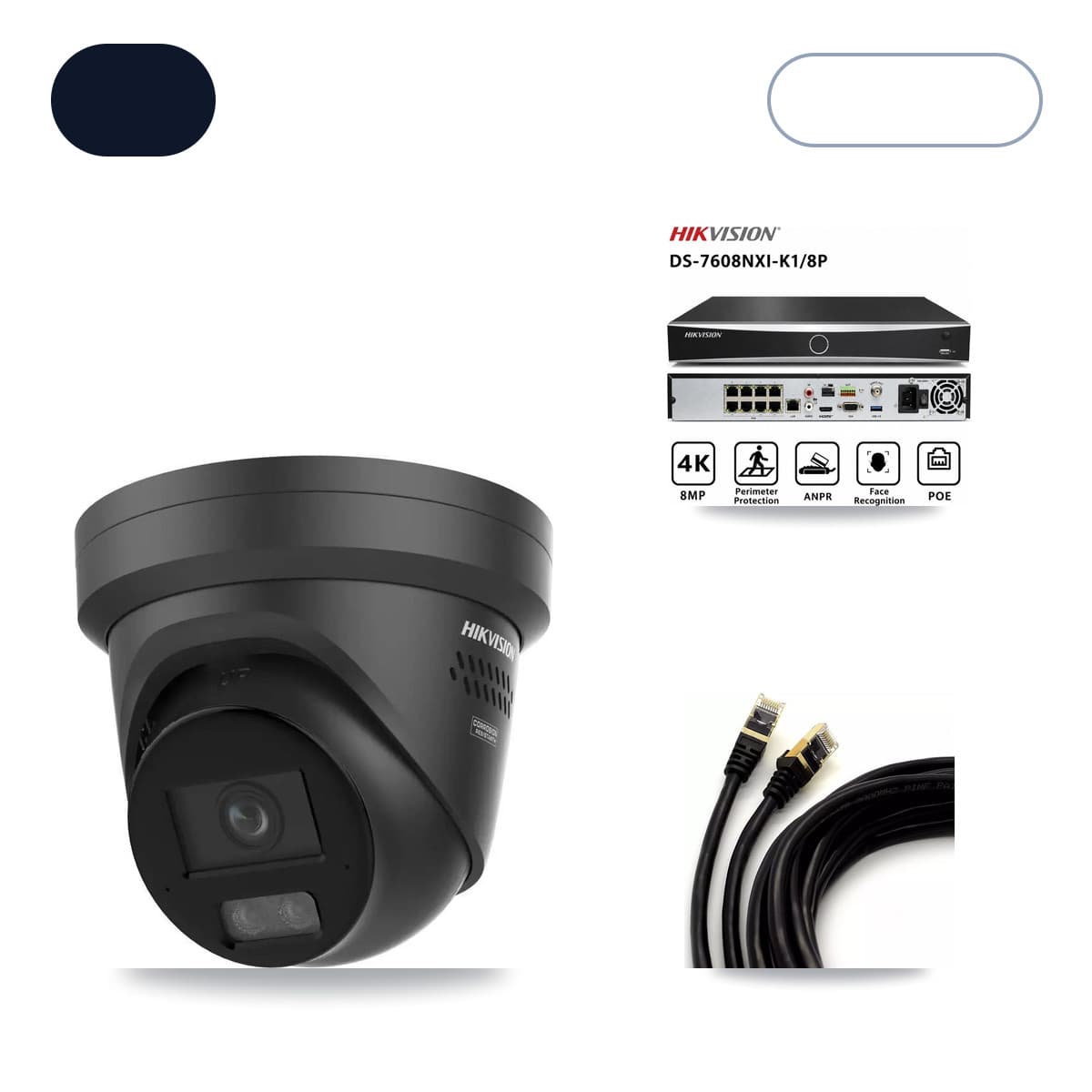 Hikvision 8-Channel 4K CCTV Kit — 2 Black DS-2CD2387G3 Turret Cameras + 6TB Recording (DS-7608NXI Recorder)
