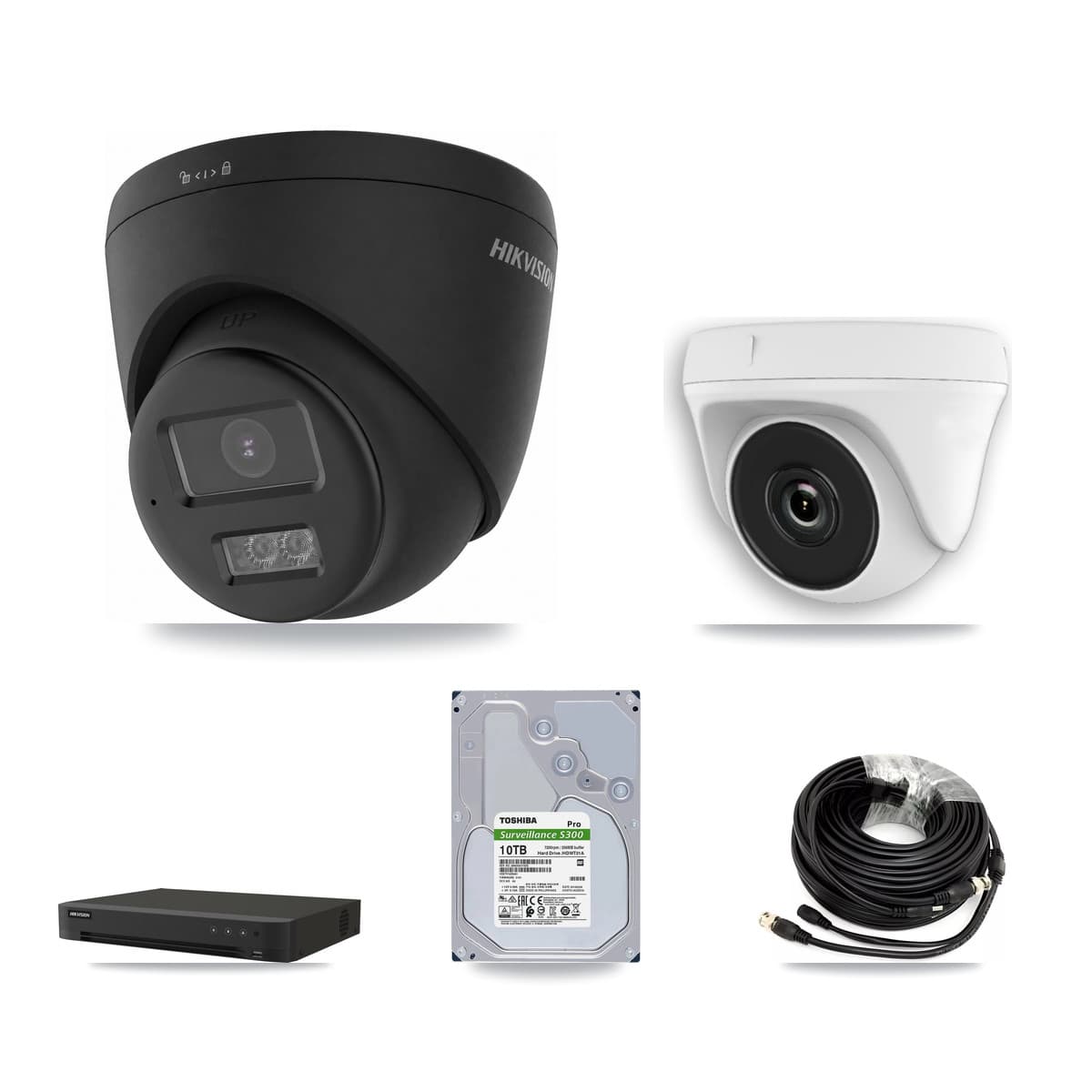 Hikvision 8-Channel 2MP – 4K CCTV Kit — 3 Black DS-2CE78U0T-LTS-BLACK 4K Turret + 3 White HDT-2MP-N20W-2.8MM 2MP Dome Cameras + 10TB Recording (IDS-7208HUHI-M1/XT Recorder)