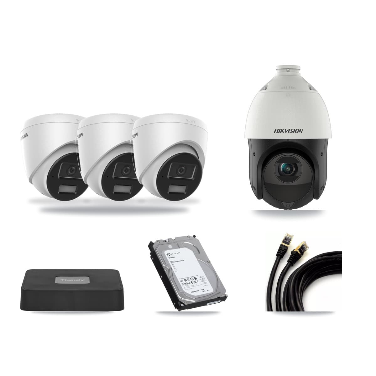 Hikvision & Tiandy 4-Channel 4MP CCTV Kit — 3 DS-2CD1343G2 Turret + 1 DS-2DE4425IW PTZ Cameras + 6TB Recording - Image 1