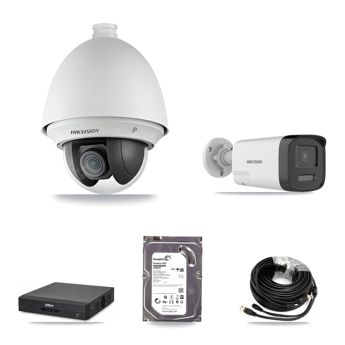 Hikvision & Dahua 4-Channel 2MP – 5MP CCTV Kit — 1 DS-2AE4225T 2MP PTZ + 1 DS-2CE17K0T 5MP Bullet Cameras + 2TB Recording