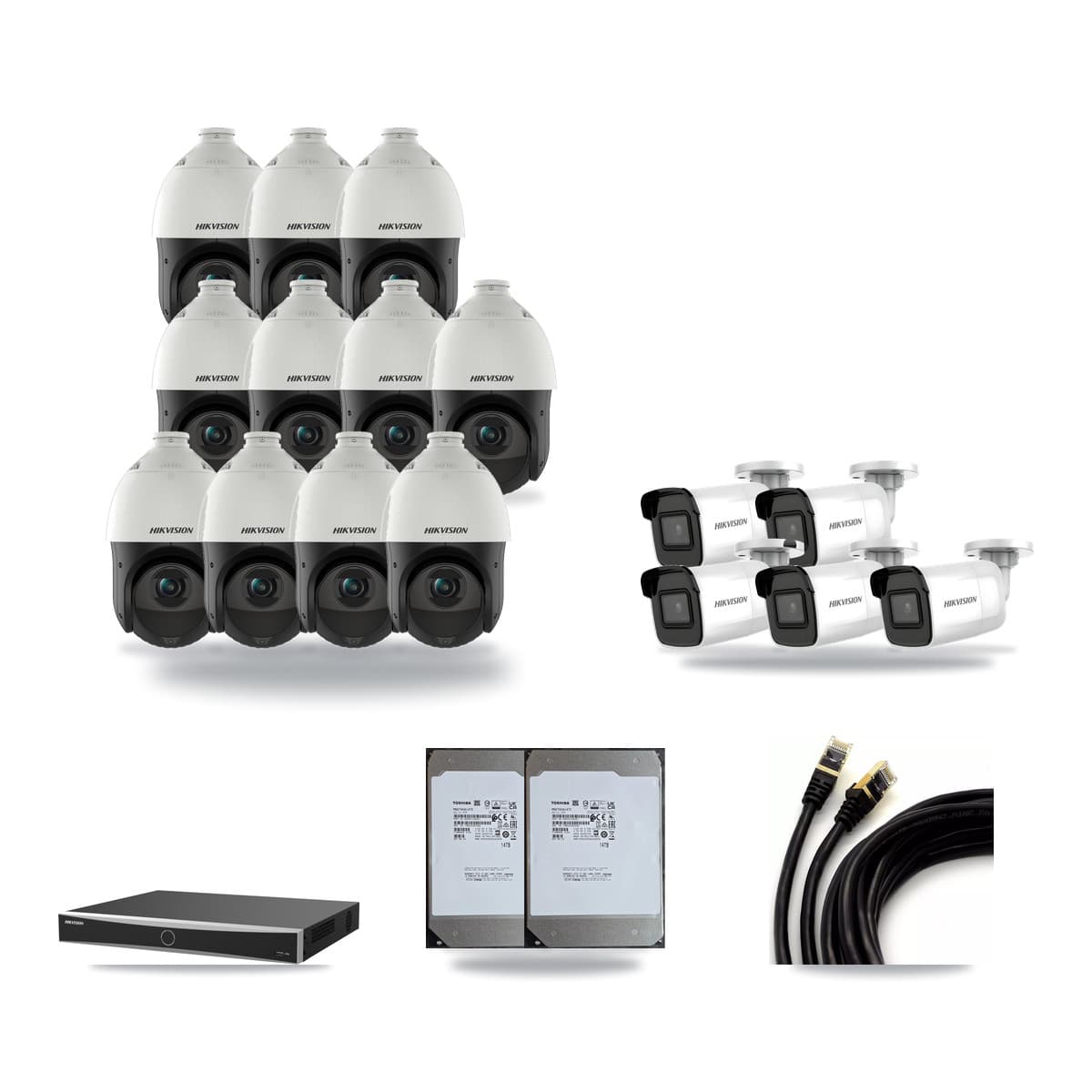 Hikvision 16-Channel 4MP – 4K CCTV Kit — 5 4K Bullet + 11 4MP PTZ Cameras + 2× 14TB Recording (DS-7616NXI Recorder) - Image 1