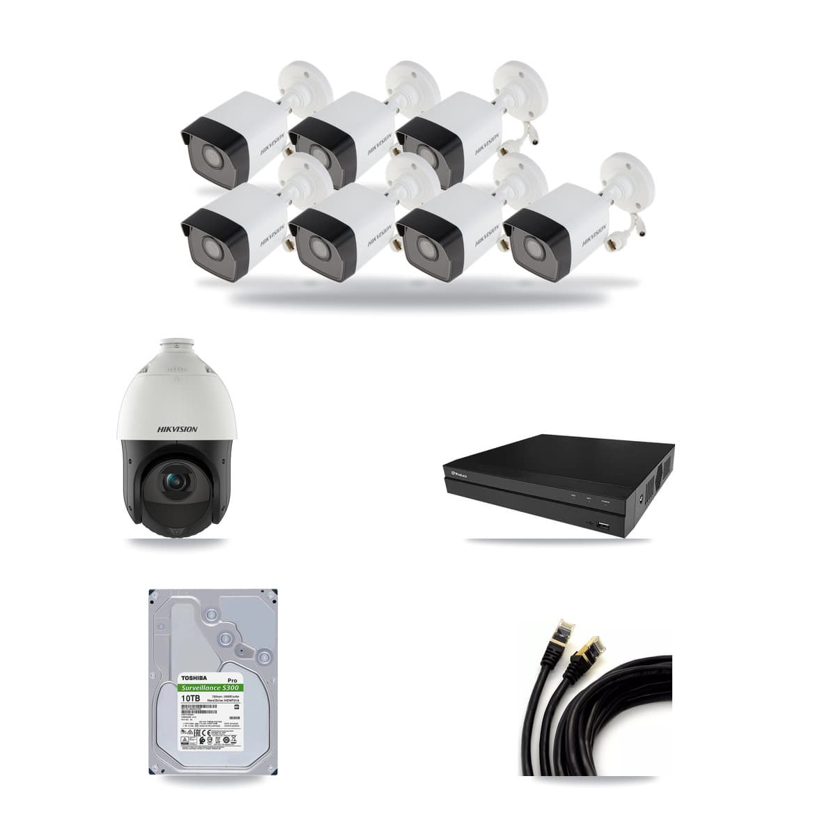Hikvision & Prolux 8-Channel 4MP – 5MP CCTV Kit — 7 5MP Bullet + 1 4MP PTZ Cameras + 10TB Recording - Image 1