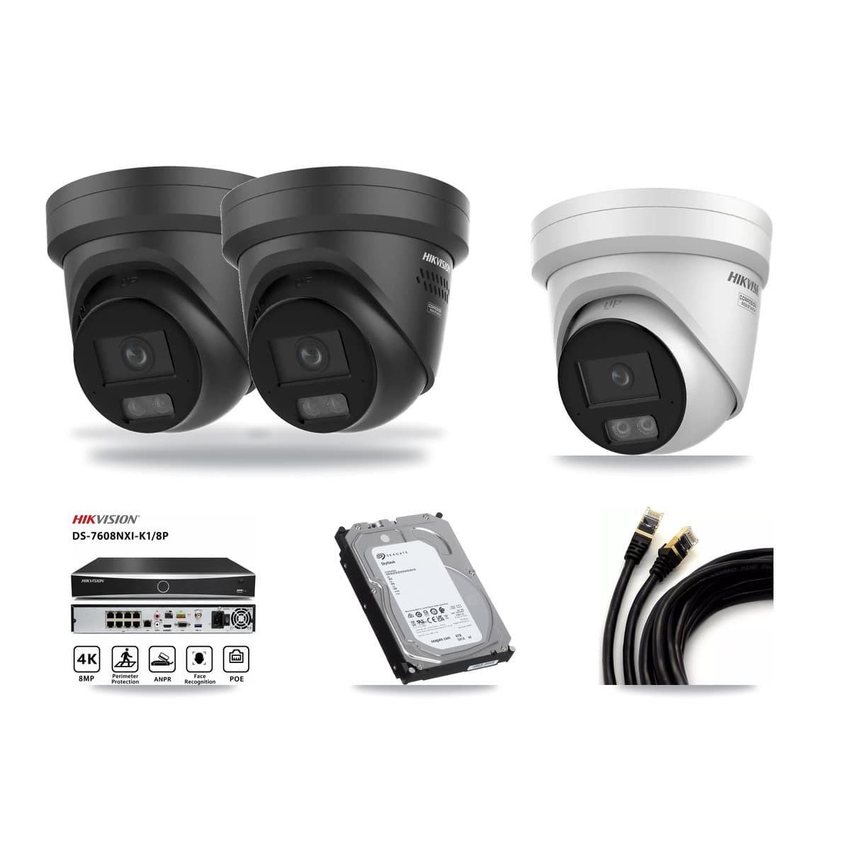 Hikvision 8-Channel 4K CCTV Kit — 1 + 2 Black Turret Cameras + 6TB Recording (DS-7608NXI Recorder) - Image 1