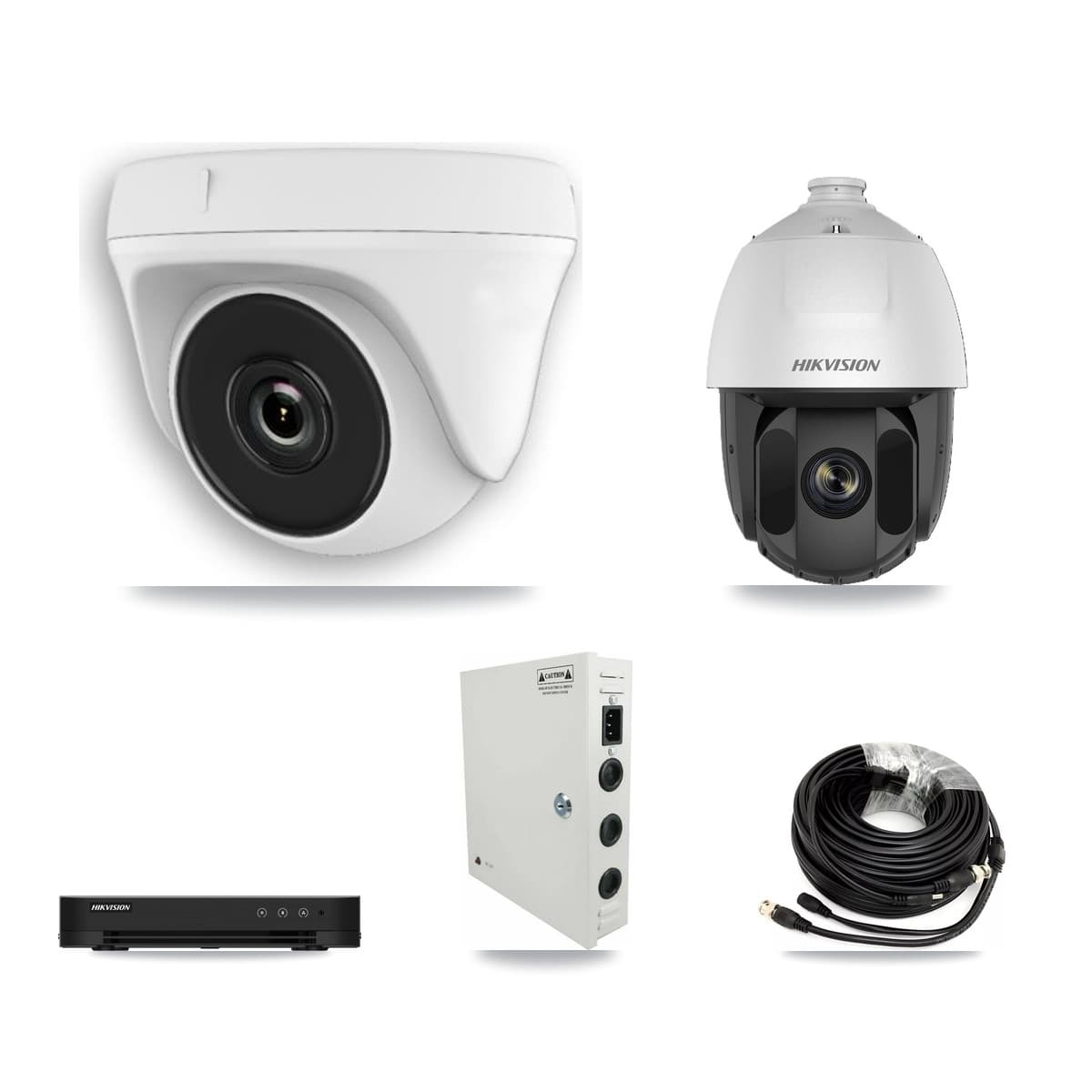 Hikvision 8-Channel 2MP CCTV Kit — 1 DS-2AE5225TI PTZ + 3 White HDT-2MP-N20W Dome Cameras + 3TB Recording (DS-7208HGHI Recorder)