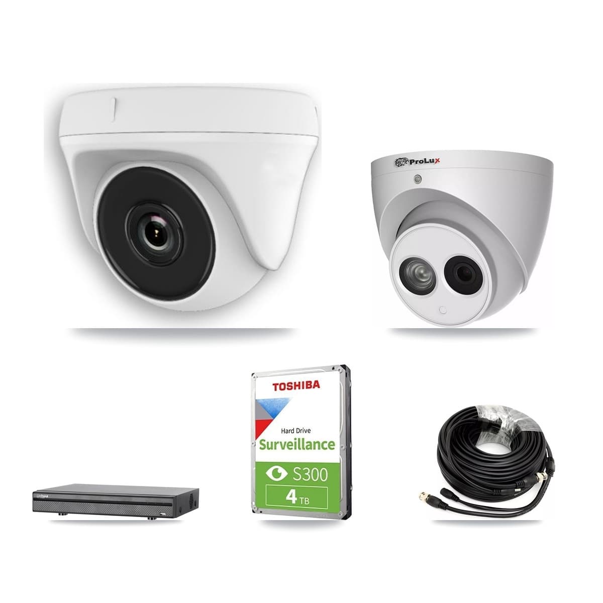 Prolux & Dahua 8-Channel 2MP – 4MP CCTV Kit — 4 White 2MP Dome + 1 4MP Turret Cameras + 4TB Recording (DH-XVR5108H Recorder)