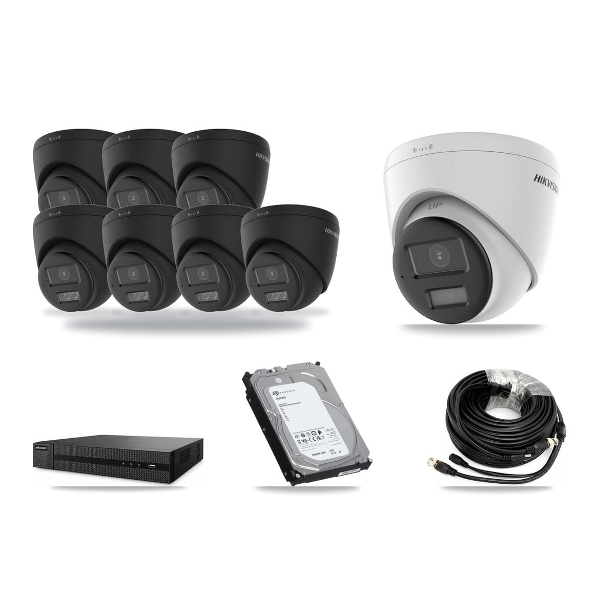 Hikvision 8-Channel 4K CCTV Kit — 1 DS-2CE78U0T + 7 Black DS-2CE78U0T Turret Cameras + 6TB Recording (DVR-8CH Recorder) - Image 1