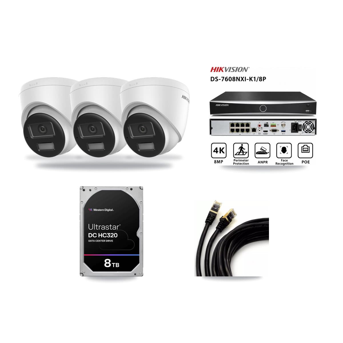 Hikvision 8-Channel 4K CCTV Kit — 3 DS-2CD1383G2-LIU Turret Cameras + 8TB Recording (DS-7608NXI-K1/8P Recorder) - Image 1