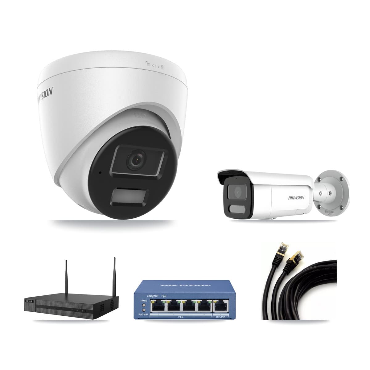 Hikvision & HiLook 4-Channel 4MP CCTV Kit — 1 DS-2CD1343G2 Turret + 1 DS-2CD2T47G2H Bullet Cameras + 3TB Recording