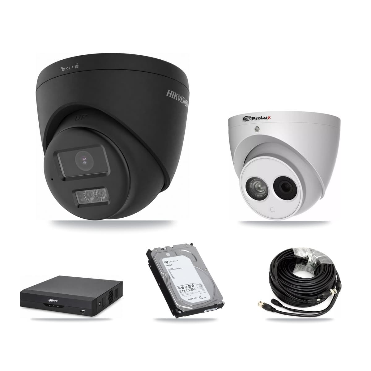 4-Channel 4MP – 4K CCTV Kit — 2 Black 4K + 1 4MP Turret Cameras + 6TB Recording (DH-XVR5104HS Recorder)