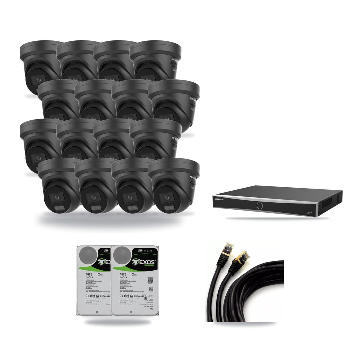 Hikvision 16-Channel 4K CCTV Kit — 16 Black Turret Cameras + 2× 16TB Recording (DS-7616NXI Recorder) - Image 1
