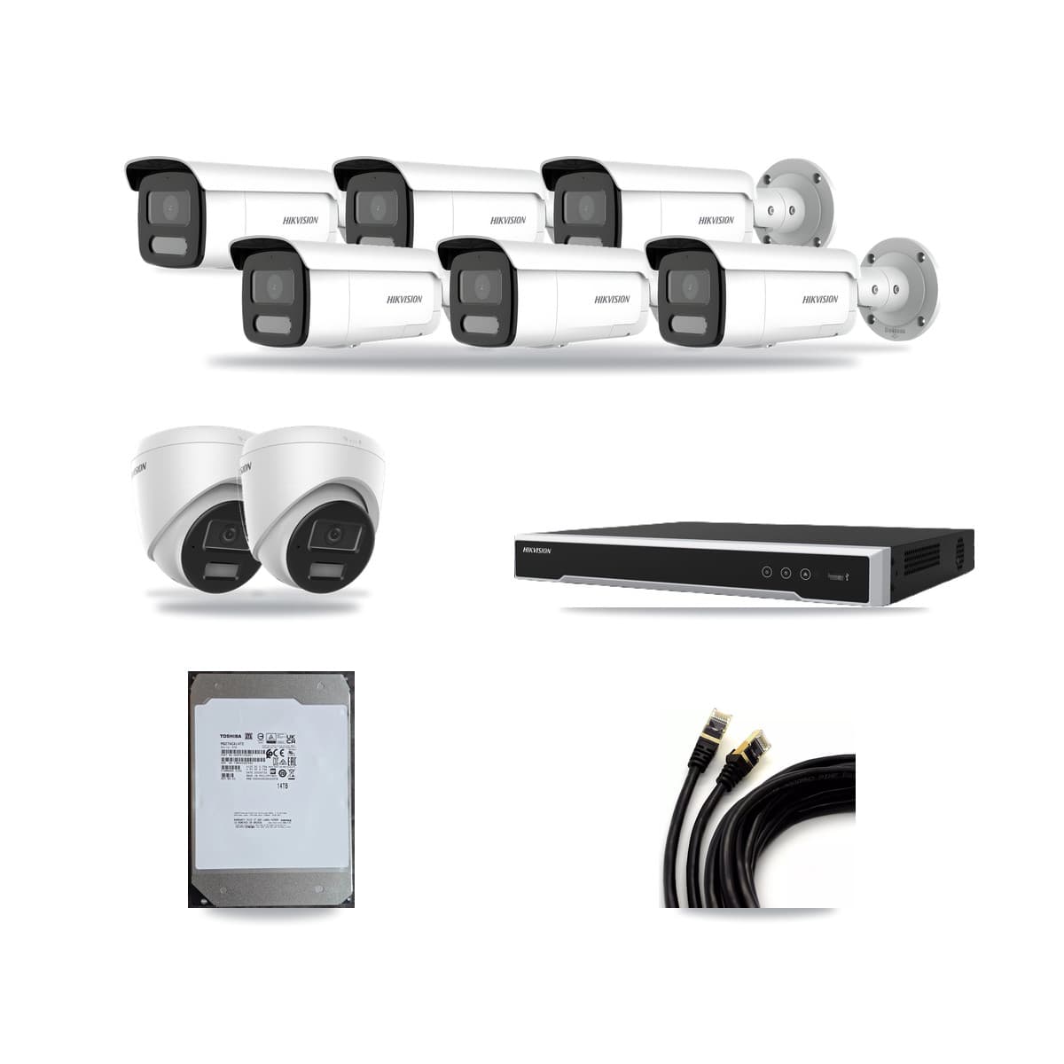 Hikvision 8-Channel 4MP CCTV Kit — 2 DS-2CD1343G2 Turret + 6 DS-2CD2T47G2H Bullet Cameras + 14TB Recording - Image 1