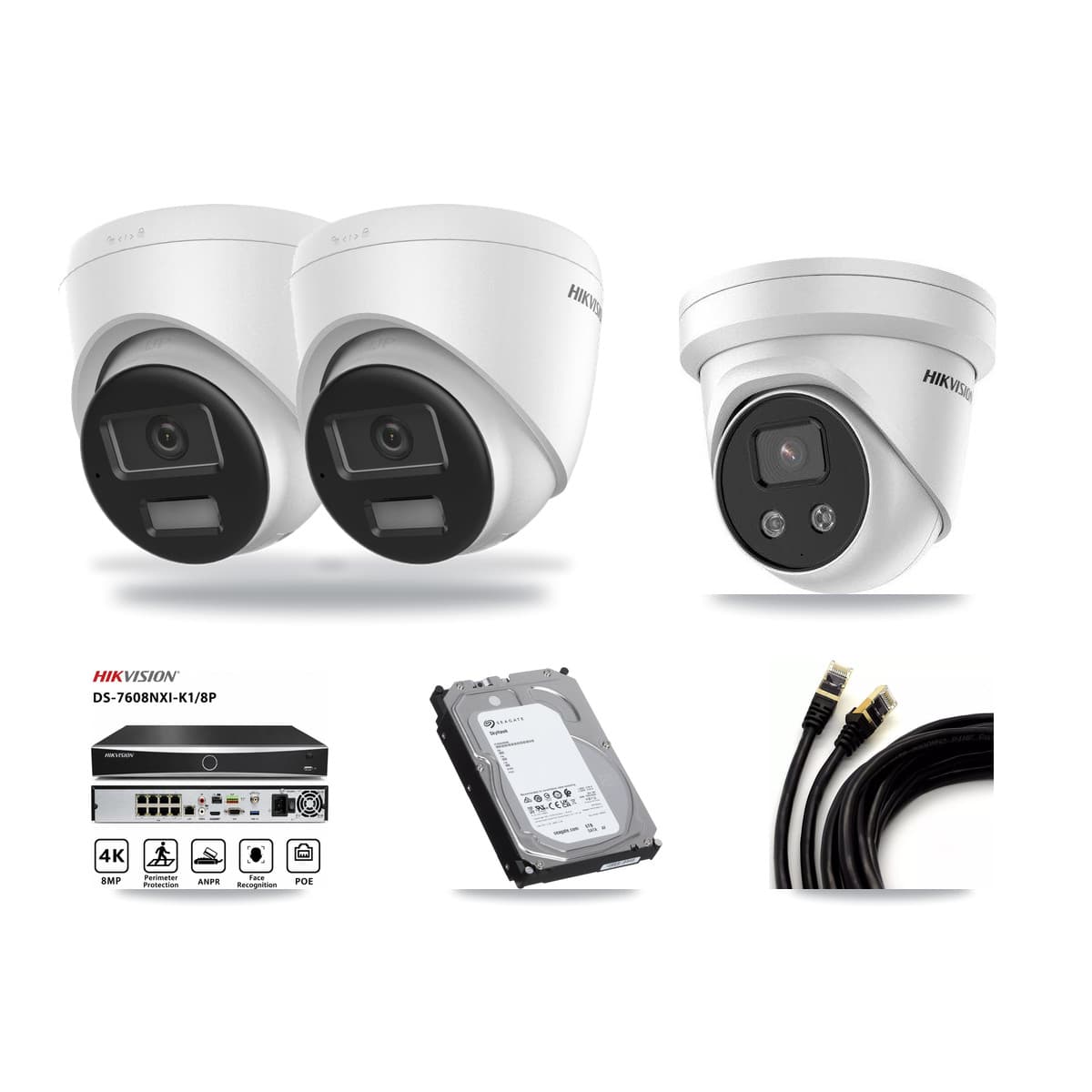 Hikvision 8-Channel 5MP – 4K CCTV Kit — 2 DS-2CD1383G2-LIUF/SL 4K + 1 DS-2CD3356G2-ISU 5MP Turret Cameras + 6TB Recording (DS-7608NXI-K1/8P Recorder) - Image 1