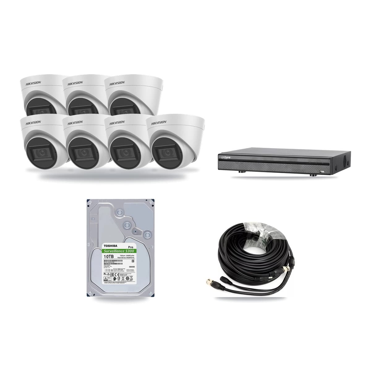 Hikvision & Dahua 8-Channel 5MP CCTV Kit — 7 White Turret Cameras + 10TB Recording (DH-XVR5108H Recorder) - Image 1