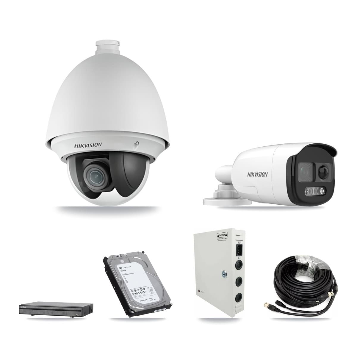 Hikvision & Dahua 8-Channel 2MP – 5MP CCTV Kit — 5 DS-2AE4225T 2MP PTZ + 2 DS-2CE12KF3T 5MP Bullet Cameras + 6TB Recording