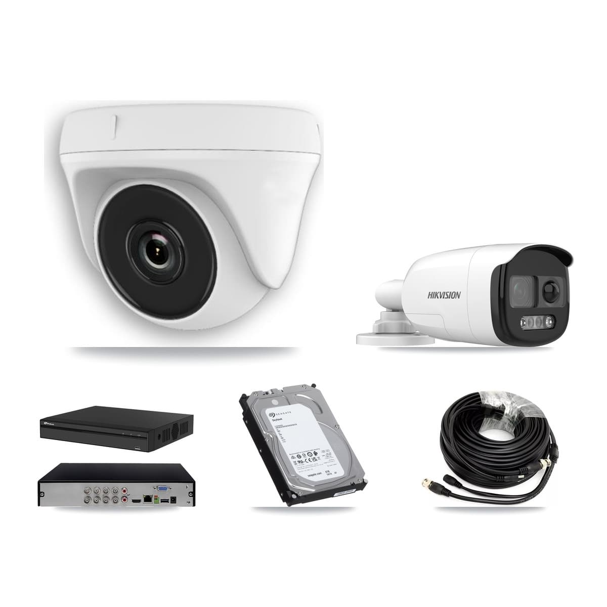 Hikvision & Prolux 8-Channel 2MP – 5MP CCTV Kit — 2 DS-2CE12KF3T 5MP Bullet + 5 White HDT-2MP-N20W 2MP Dome Cameras + 6TB Recording (PXD-5108HS Recorder)
