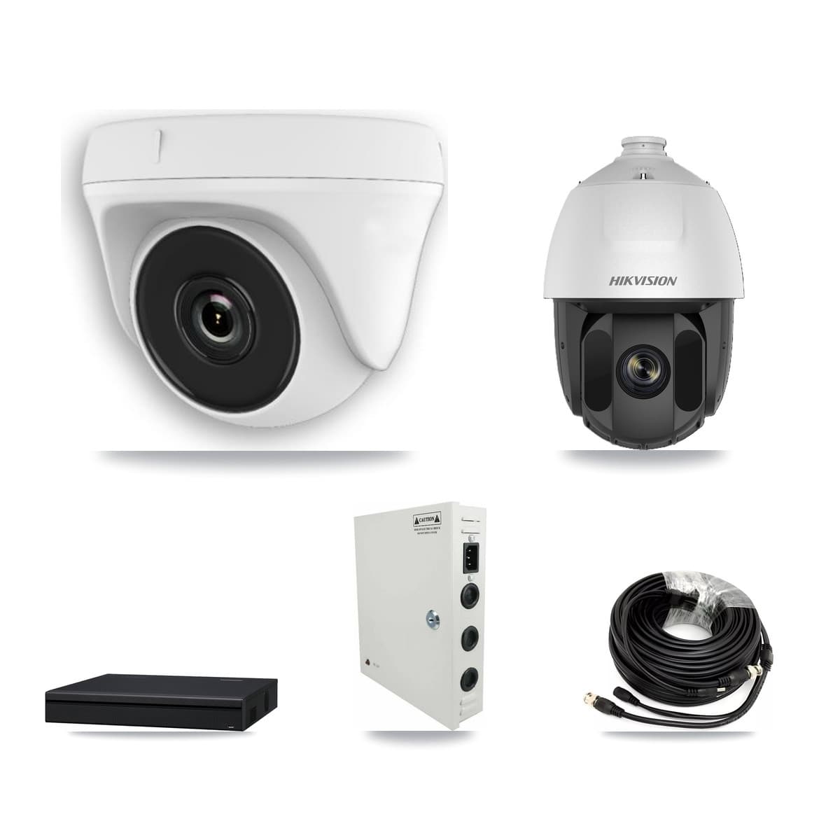 Hikvision 8-Channel 2MP CCTV Kit — 1 DS-2AE5225TI PTZ + 3 White HDT-2MP-N20W Dome Cameras + 3TB Recording (XVR-3108AD Recorder)