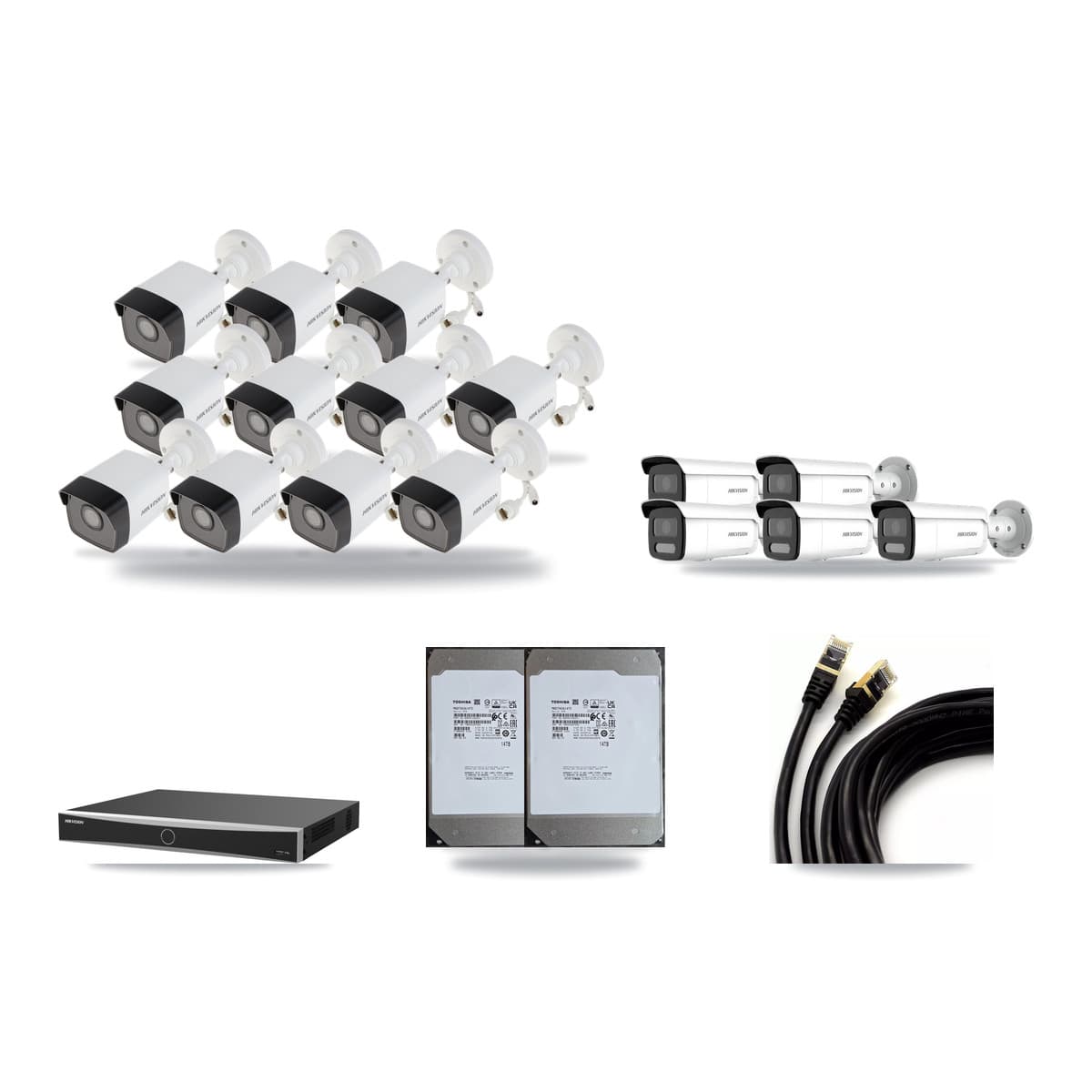 Hikvision 16-Channel 4MP – 5MP CCTV Kit — 11 5MP + 5 4MP Bullet Cameras + 2× 14TB Recording (DS-7616NXI Recorder) - Image 1