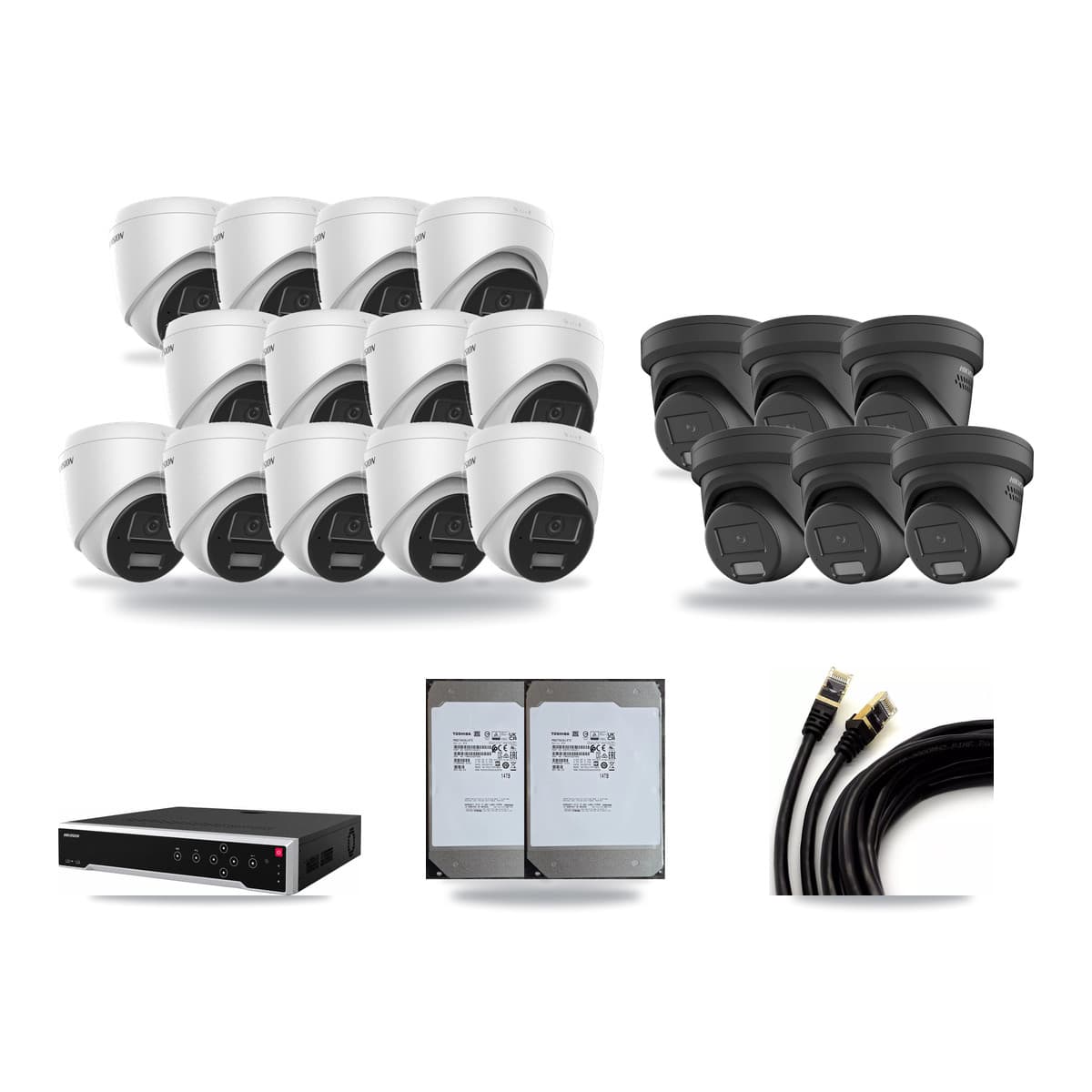 Hikvision 32-Channel 4MP CCTV Kit — 13 DS-2CD1343G2 + 6 DS-2CD2347G2 Turret Cameras + 2× 14TB Recording - Image 1