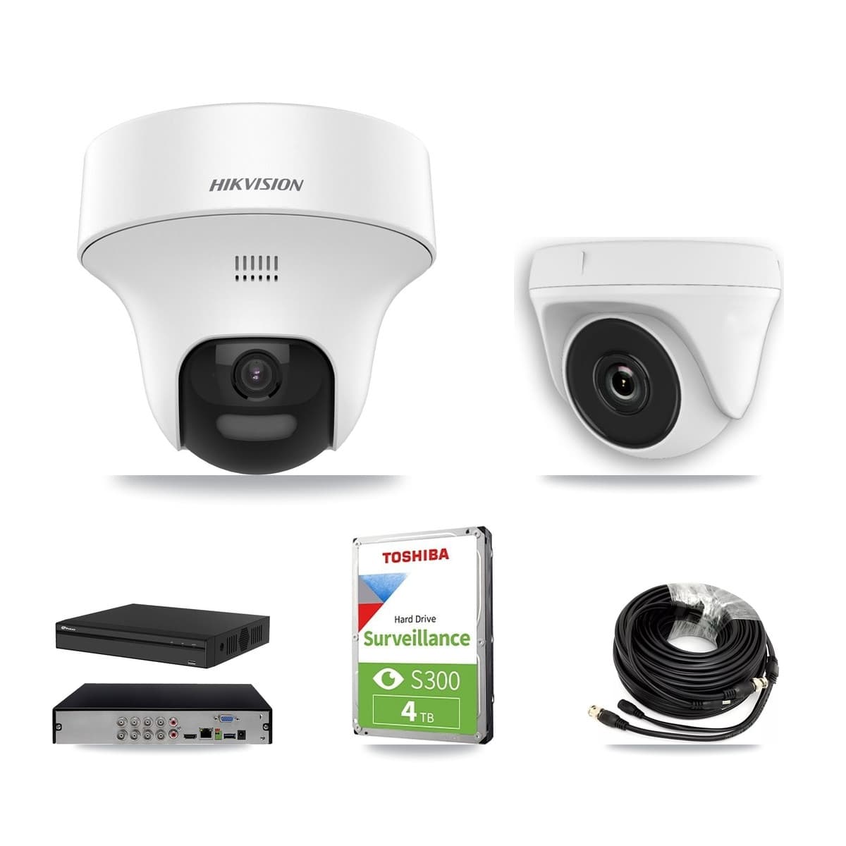 Hikvision & Prolux 8-Channel 2MP – 5MP CCTV Kit — 2 DS-2CE70K0T 5MP Turret + 2 White HDT-2MP-N20W 2MP Dome Cameras + 4TB Recording