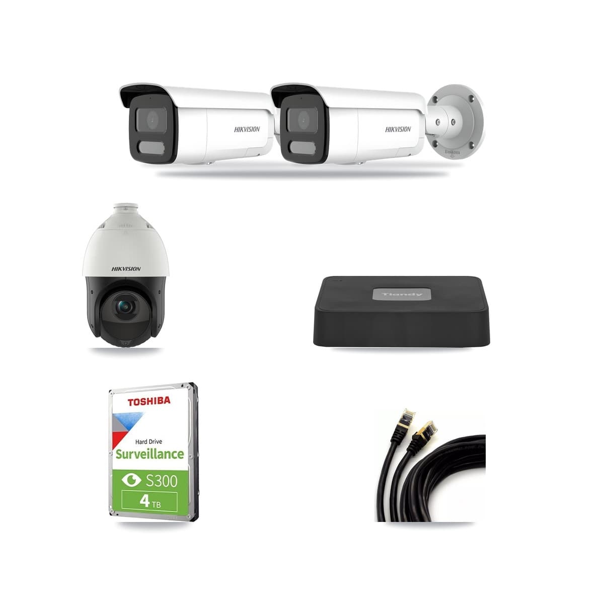 Hikvision & Tiandy 4-Channel 4MP CCTV Kit — 2 DS-2CD2T47G2H Bullet + 1 DS-2DE4425IW PTZ Cameras + 4TB Recording - Image 1