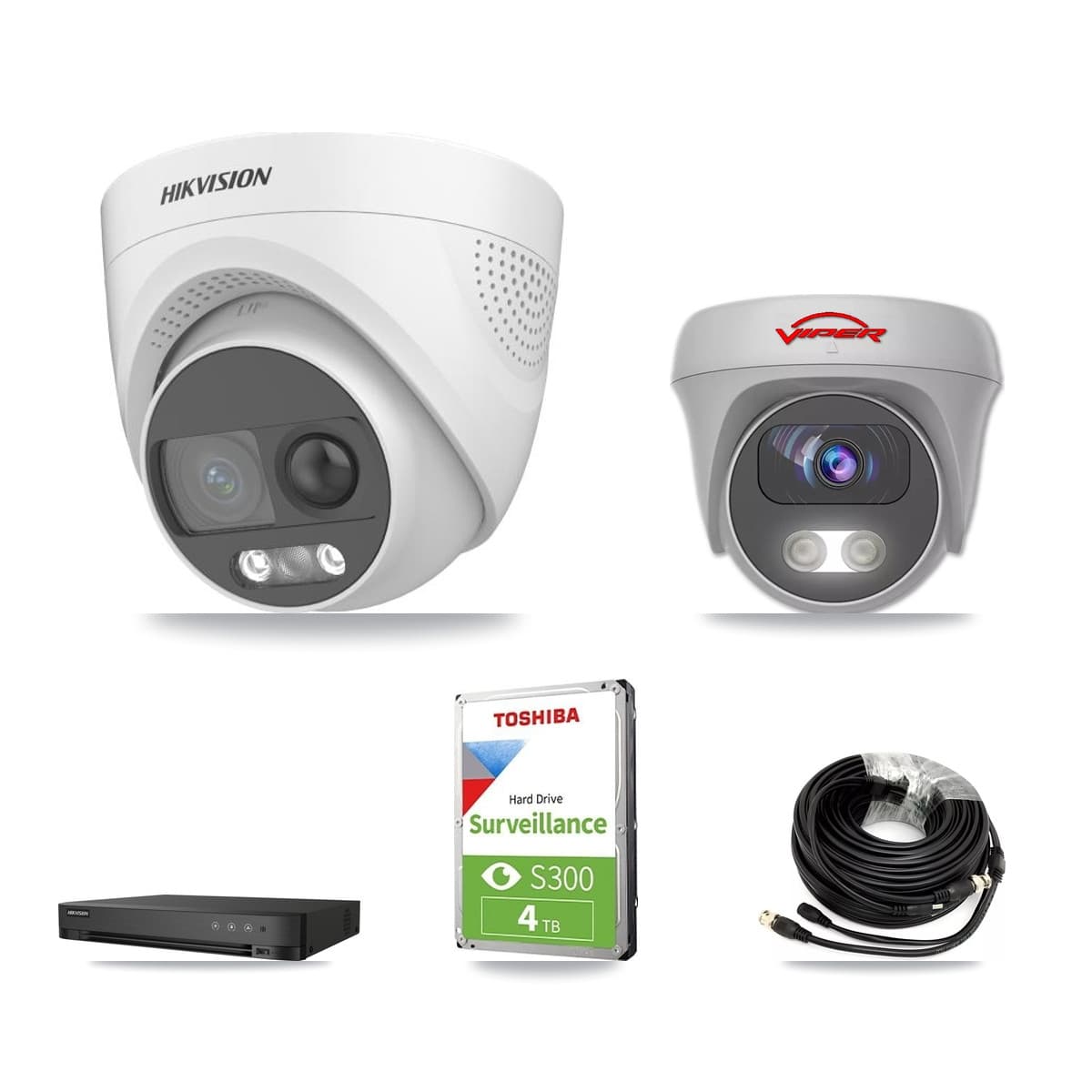 Hikvision & Viper 4-Channel 5MP CCTV Kit — 2 DS-2CE72KF3T Turret + 1 White VIPER-5MP-3K Cameras + 4TB Recording (IDS-7204HQHI Recorder)