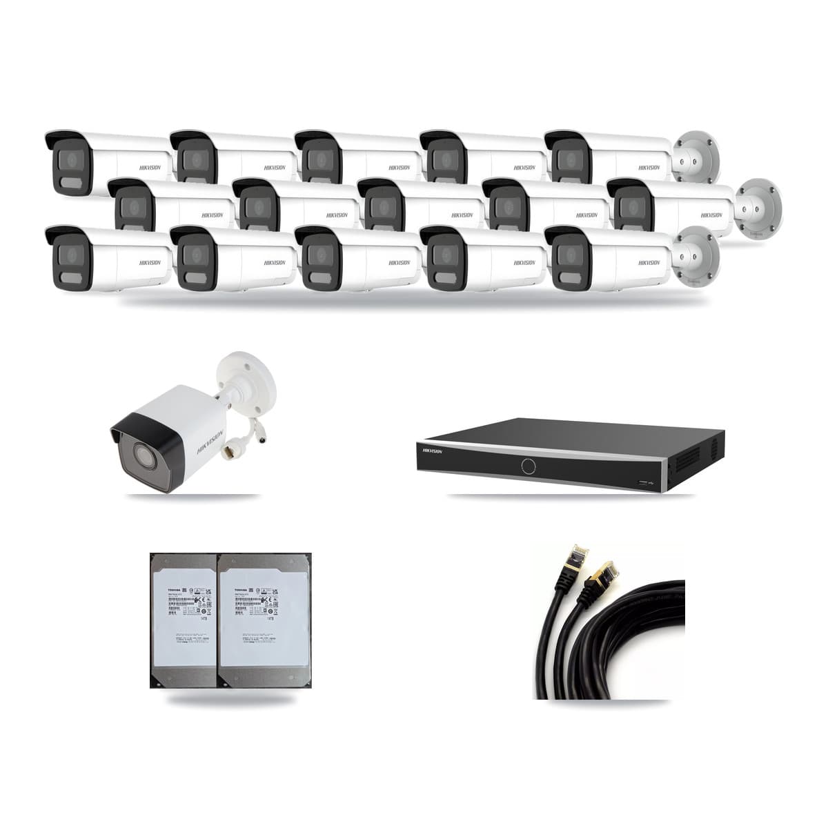 Hikvision 16-Channel 4MP – 5MP CCTV Kit — 1 5MP + 15 4MP Bullet Cameras + 2× 14TB Recording (DS-7616NXI Recorder) - Image 1