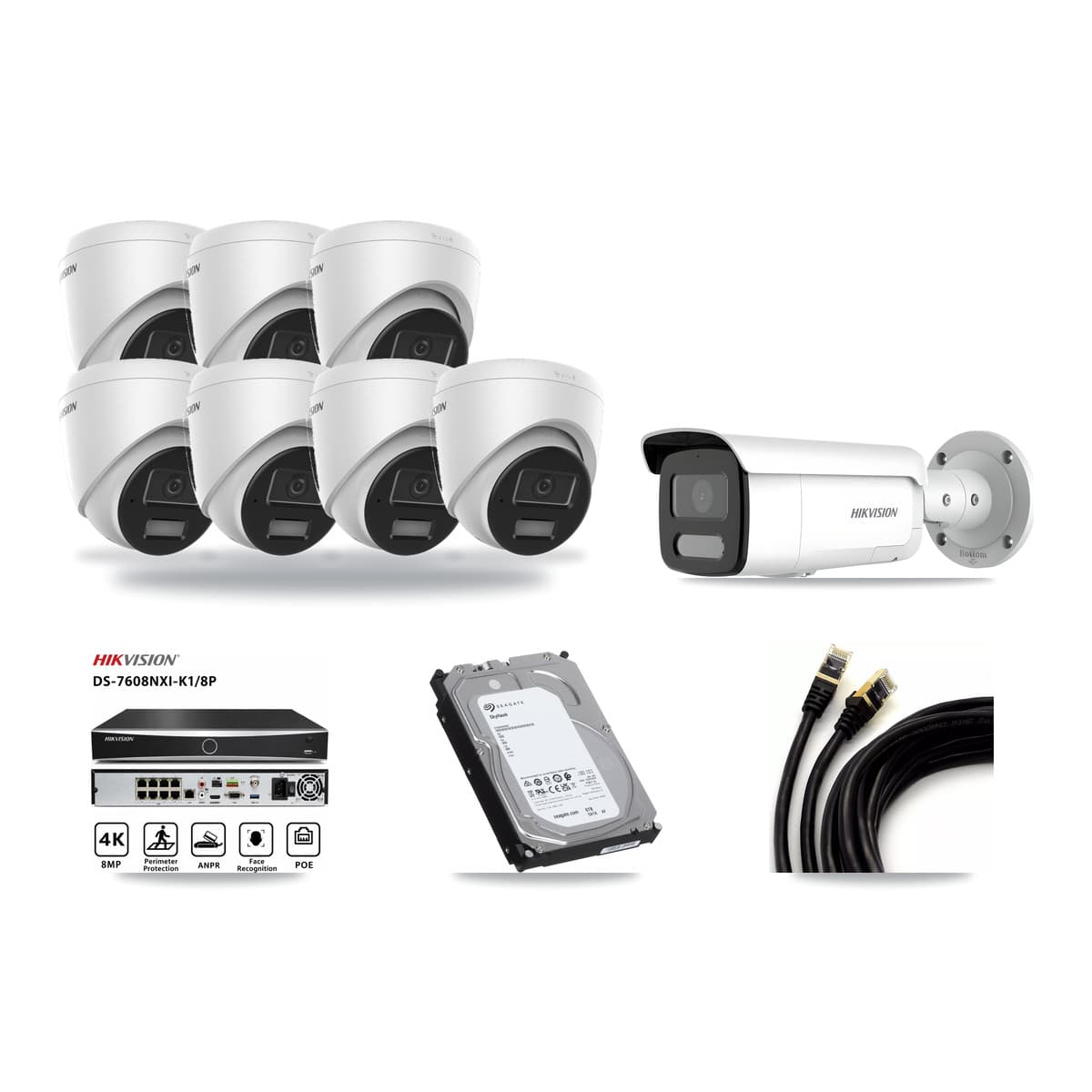Hikvision 8-Channel 4MP CCTV Kit — 7 DS-2CD1343G2 Turret + 1 DS-2CD2T47G2H Bullet Cameras + 6TB Recording - Image 1