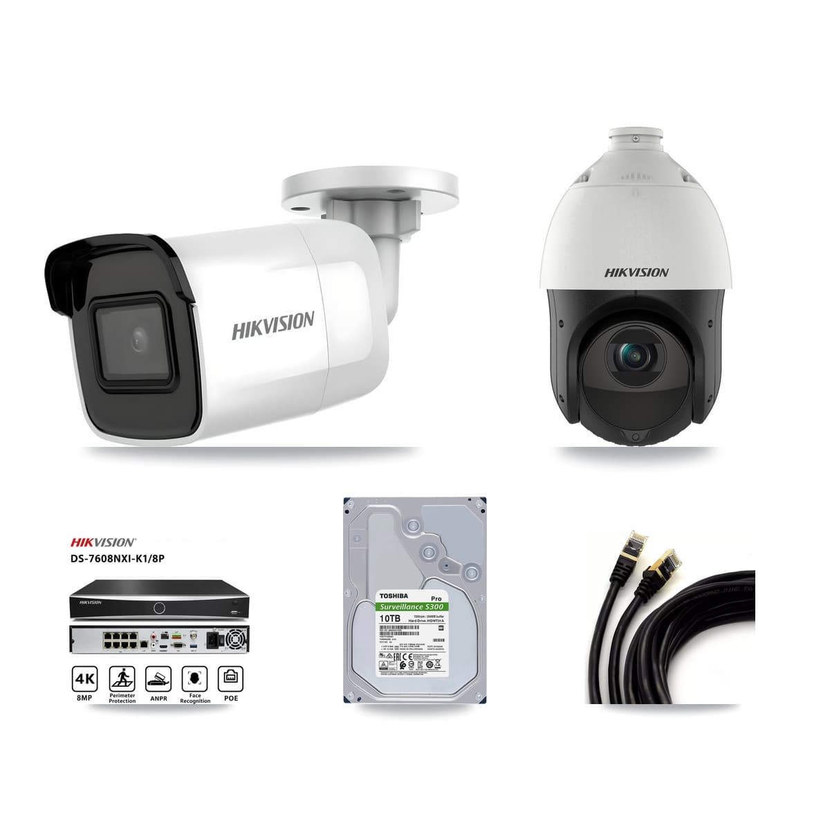 Hikvision 8-Channel 4MP – 4K CCTV Kit — 3 4K Bullet + 1 4MP PTZ Cameras + 10TB Recording