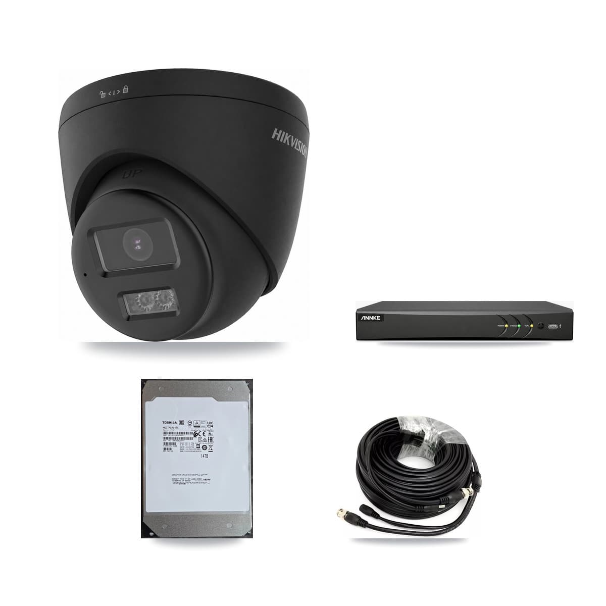 Hikvision & ANNKE 4-Channel 4K CCTV Kit — 4 Black Turret Cameras + 14TB Recording