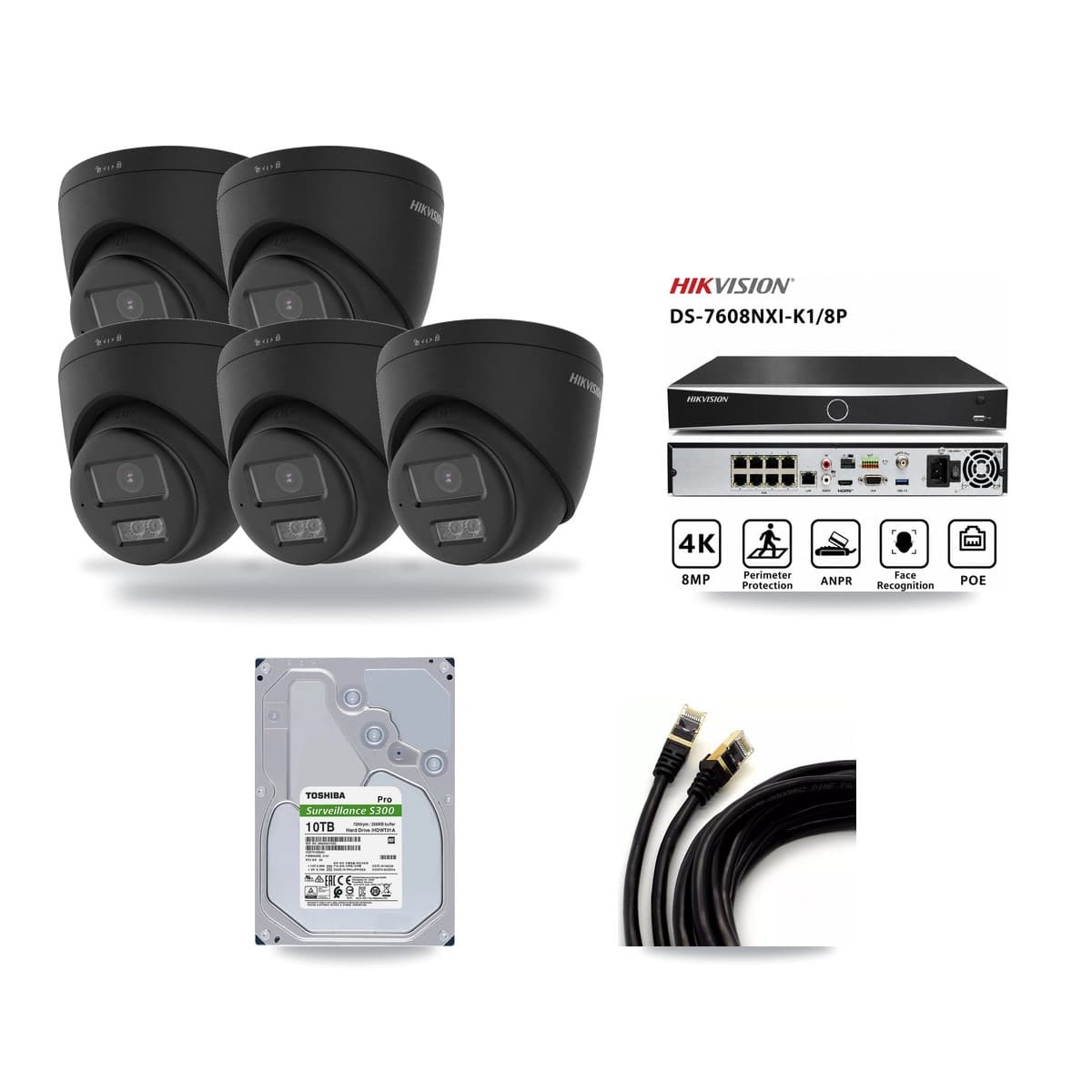 Hikvision 8-Channel 4K CCTV Kit — 5 Black DS-2CD1383G2 Turret Cameras + 10TB Recording - Image 1